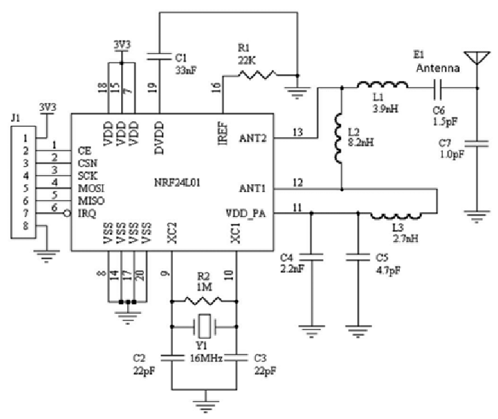 nRF24L01 transceiver circuit with single ended 50 Ω RF output